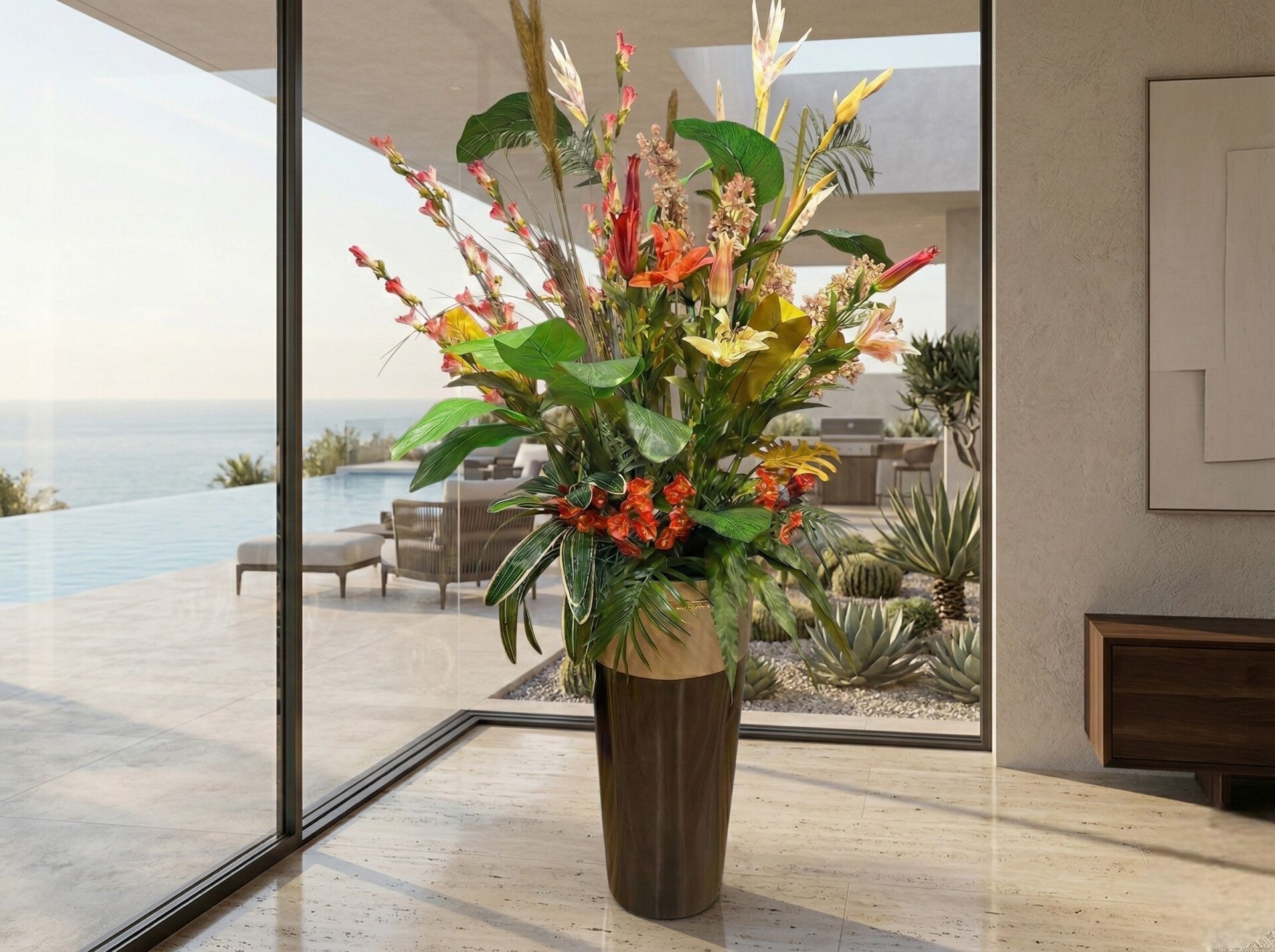 Siyah Fiberglass Saksılı Lüks Yapay Çiçek Aranjmanı - 180 cm Tropikal Dekoratif Ağaç