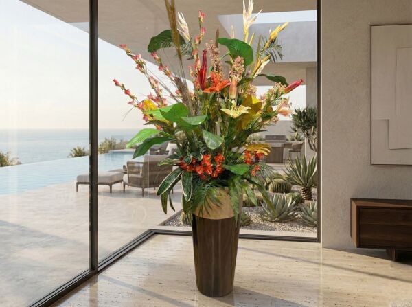 Siyah Fiberglass Saksılı Lüks Yapay Çiçek Aranjmanı - 180 cm Tropikal Dekoratif Ağaç