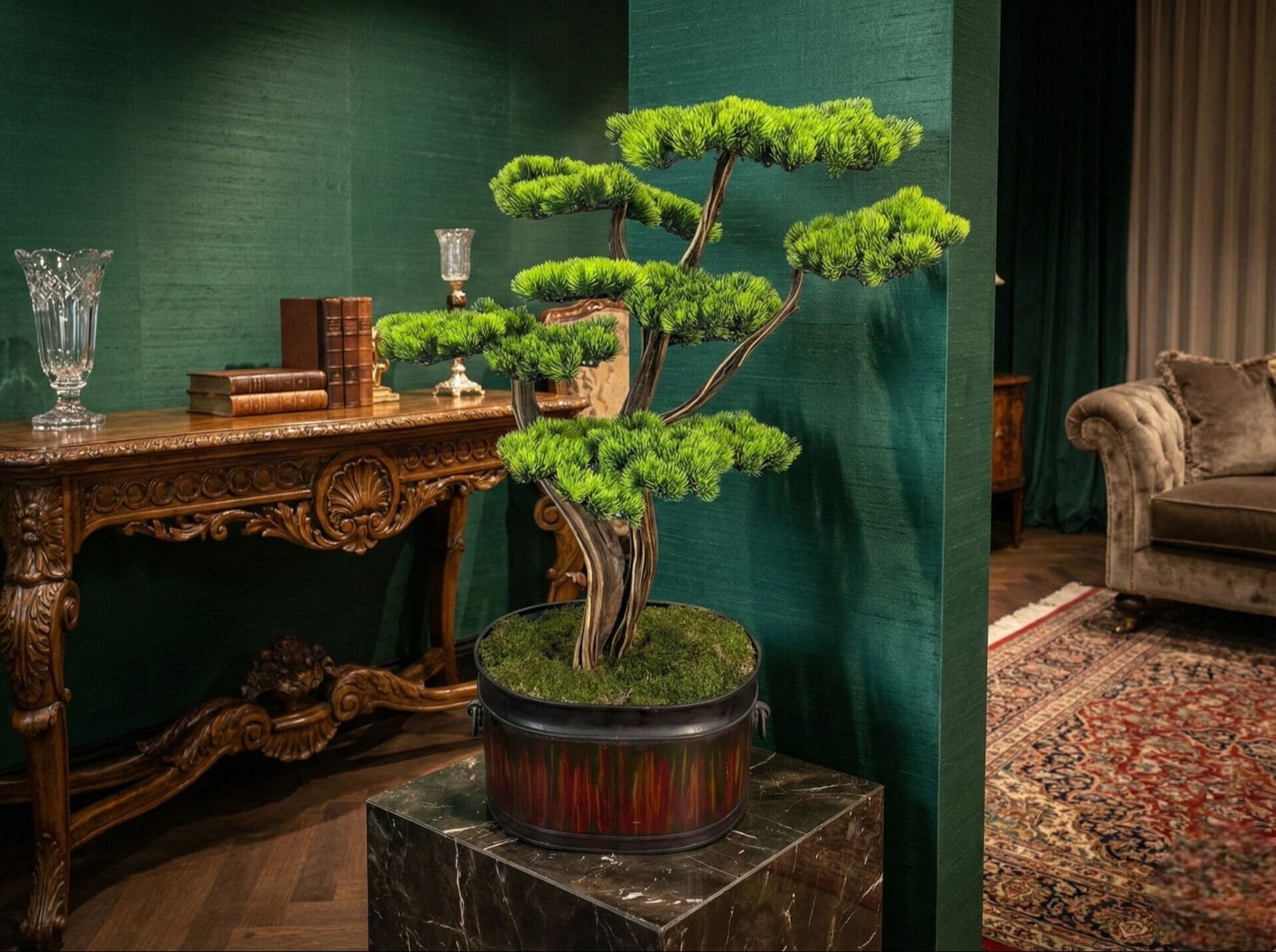 Doğal Gövdeli El Yapımı Bonsai Ağacı – El Boyaması Metal Saksılı (100 cm)