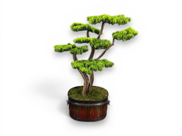 Doğal Gövdeli El Yapımı Bonsai Ağacı – El Boyaması Metal Saksılı (100 cm)