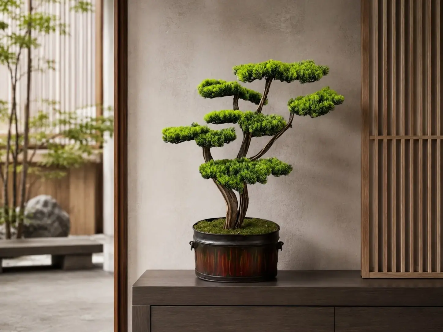 Yapay Bonsai Ağacı Doğal Gövde 100 cm Dekoratif Eskitme Bakır Saksılı