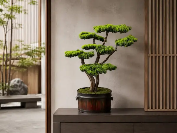 Yapay Bonsai Ağacı Doğal Gövde 100 cm Dekoratif Eskitme Bakır Saksılı
