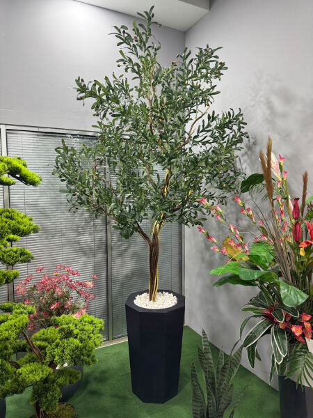 260 cm Yapay Zeytin Ağacı - Geometrik Siyah Fiber Saksılı