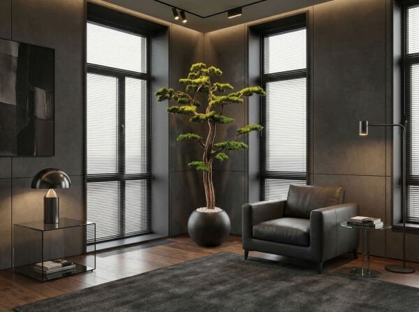 Doğal Gövdeli Yapay Bonsai Ağacı (200 cm) - Antrasit Küre Saksılı