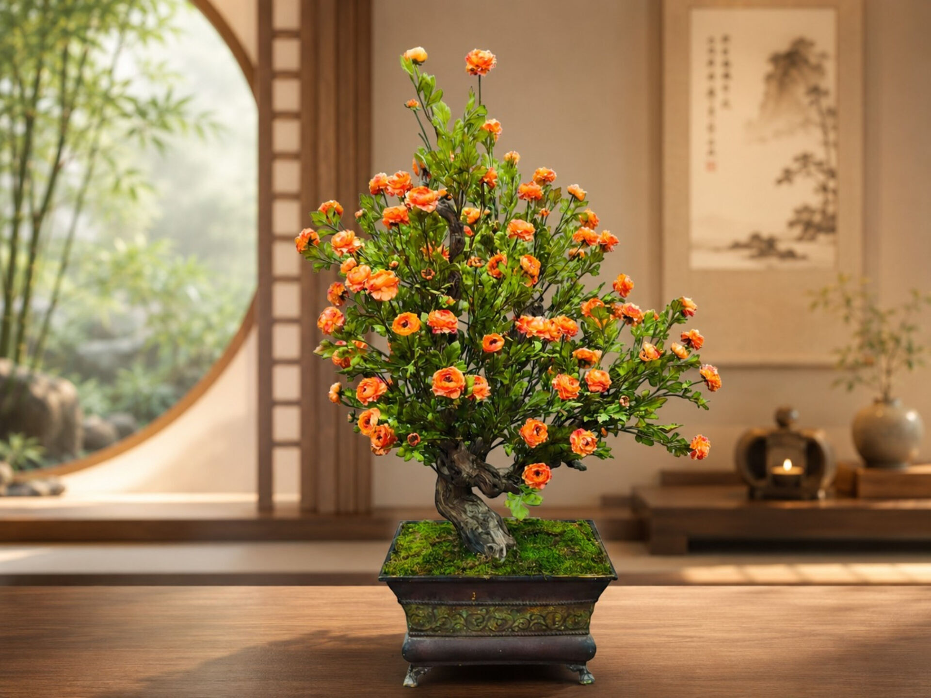 Çiçekli Yapay Bonsai Ağacı Turuncu 120 cm