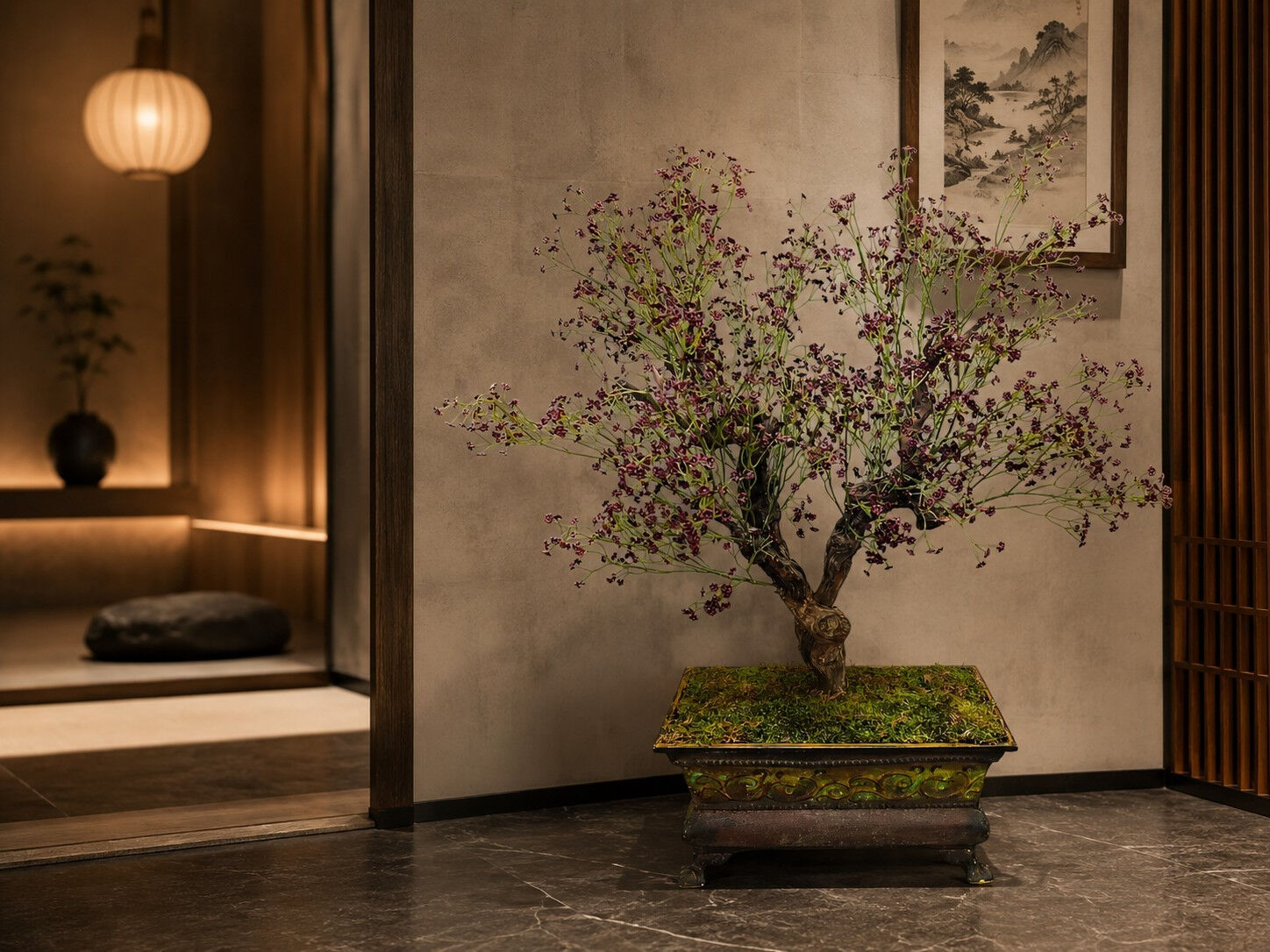 Çiçekli Yapay Bonsai Ağacı Bordo 100 cm