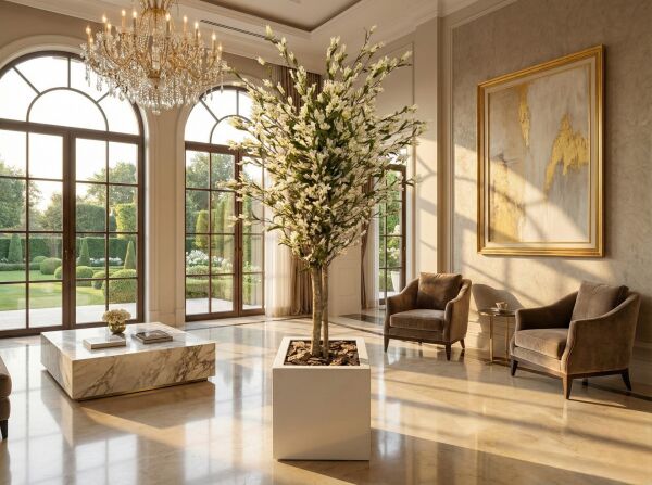 Doğal Gövdeli Yapay Ağaç - 220 cm Beyaz Saksılı