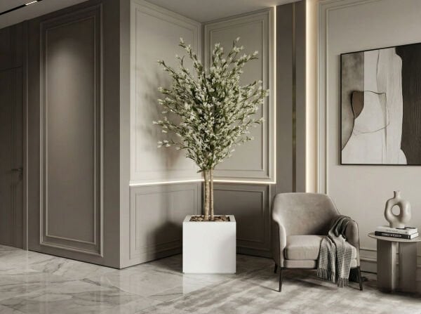 Premium Doğal Gövdeli Yapay Ağaç - 220 cm Beyaz Saksılı