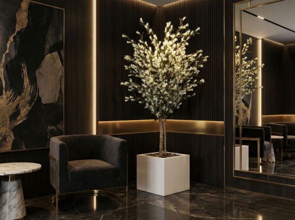 Doğal Gövdeli Yapay Ağaç - 220 cm Beyaz Saksılı