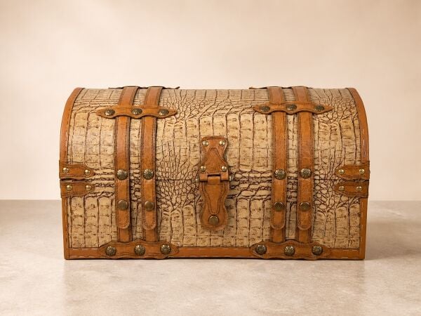 Timsah Desenli Deri Kaplama Ahşap Sandık - Kubbe Kapaklı Bavul Sandığı, 44 × 27 × 23 cm
