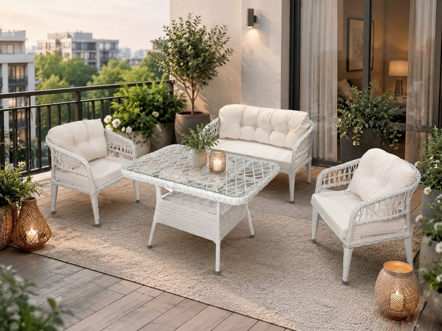 Balkon ve Bahçe Oturma Grubu Portofino Beyaz Rattan Krem Minder
